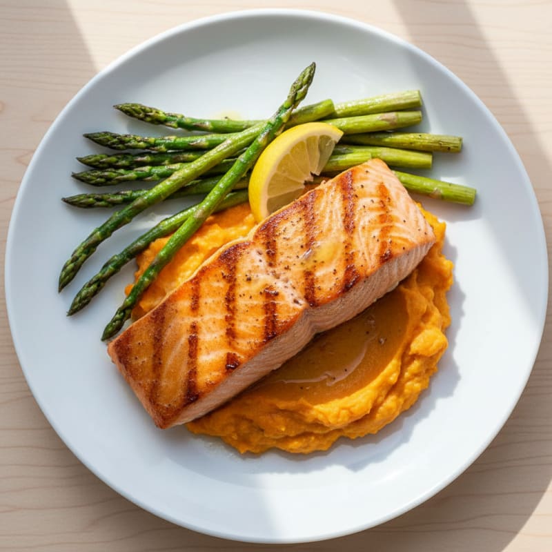 Seared Salmon Fillet with Roasted Asparagus and Sweet Potato Mash