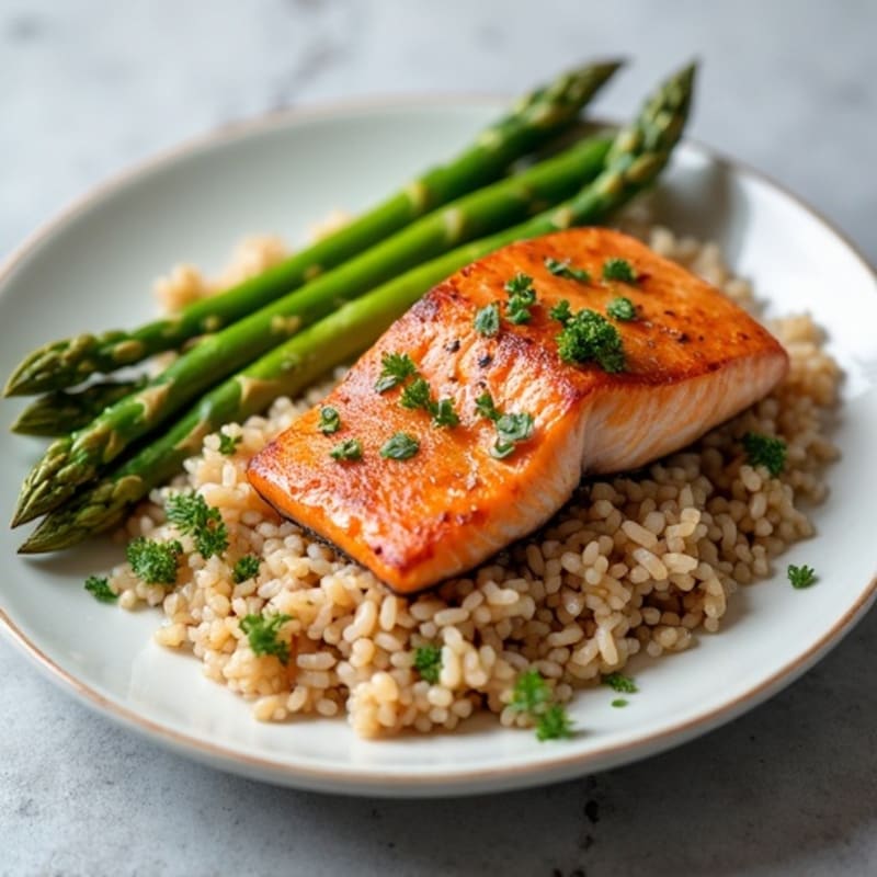 Seared Salmon with Steamed Asparagus and Brown Rice