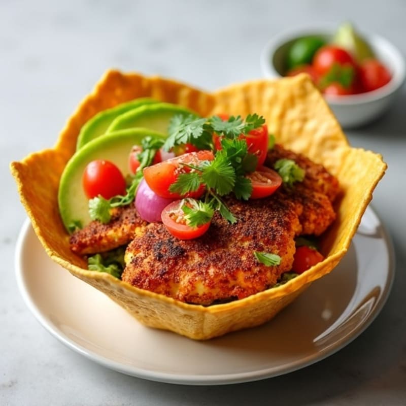 Crispy Chicken Tortilla Bowl with Fresh Salsa and Avocado