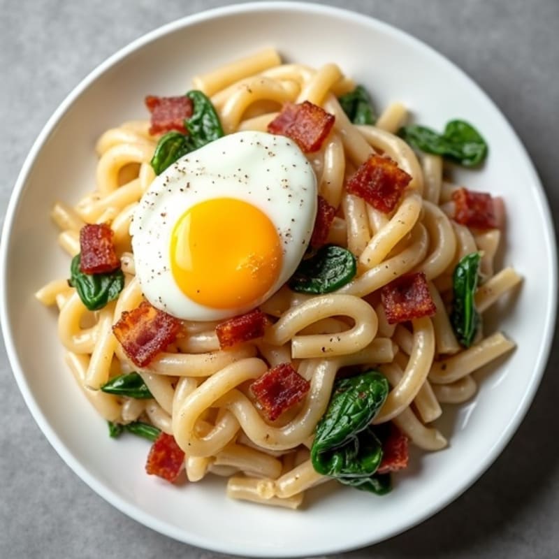 Creamy Egg Whole Wheat Pasta with Crispy Turkey Bacon