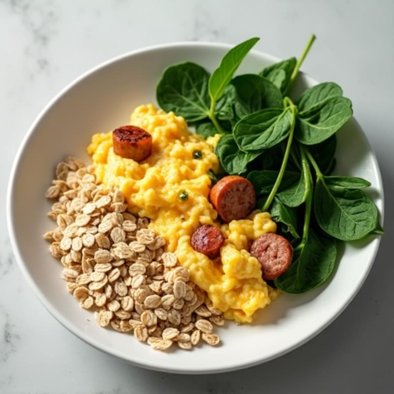Egg White Scramble with Turkey Sausage, Sautéed Spinach and Oatmeal