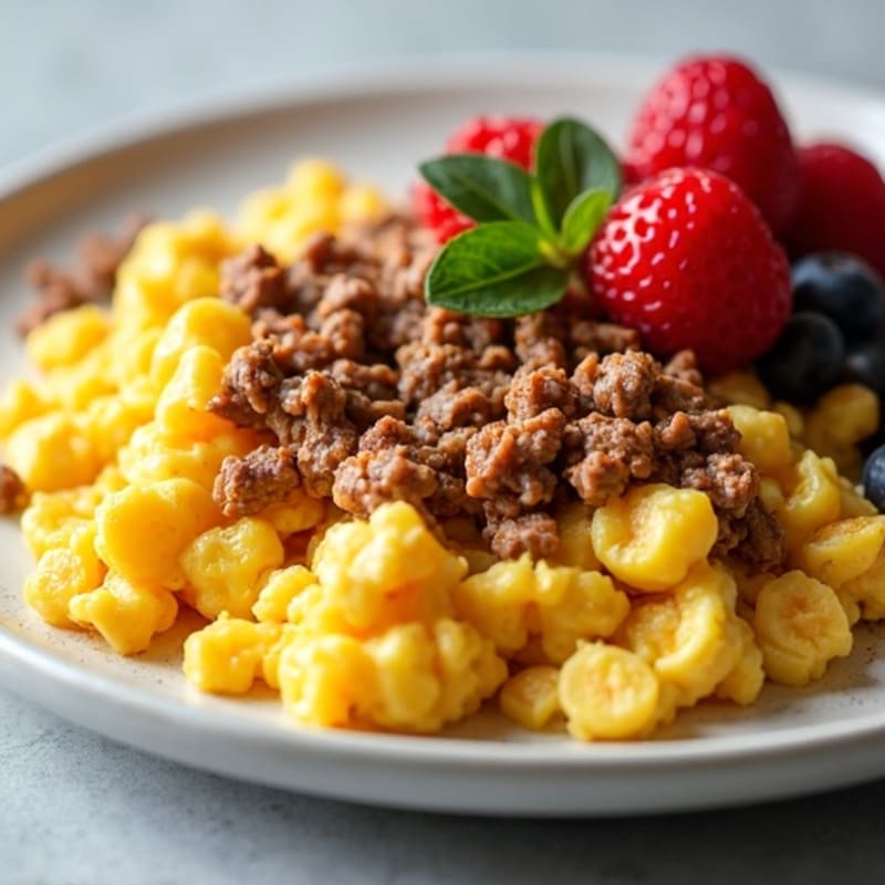 Scrambled Eggs with Lean Ground Beef and Fresh Berries