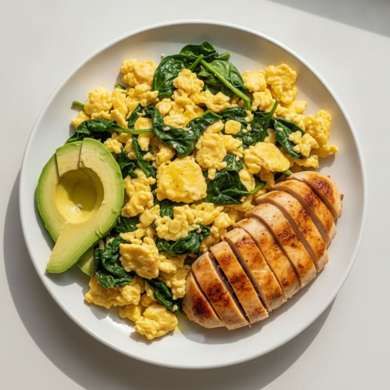 Scrambled Eggs with Seared Chicken and Spinach
