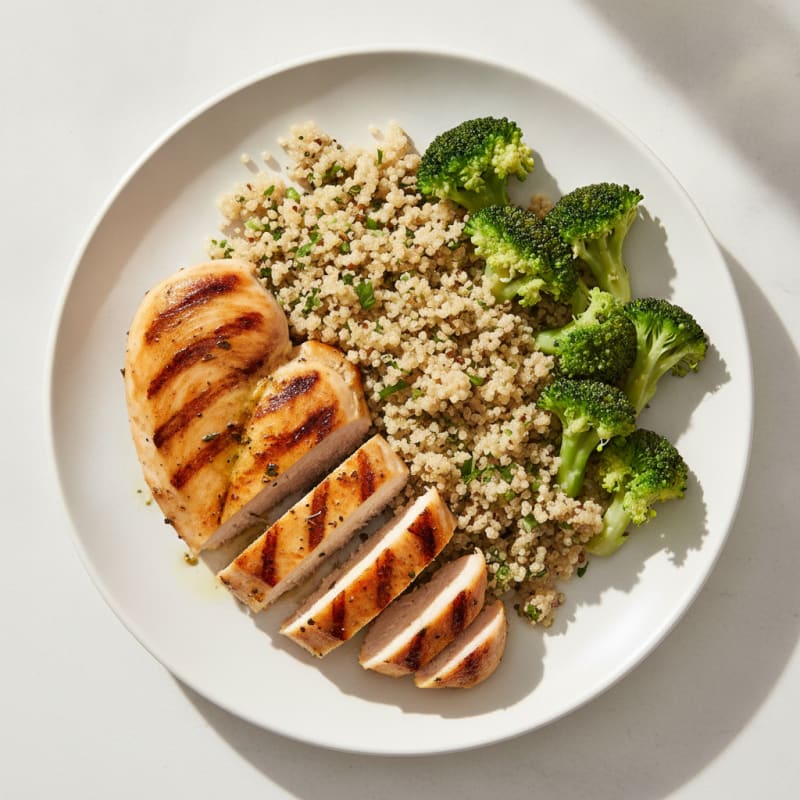 Grilled Chicken Breast with Steamed Broccoli and Quinoa