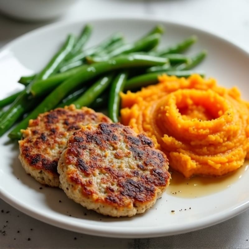 Seared Turkey Patties with Steamed Green Beans and Sweet Potato Mash