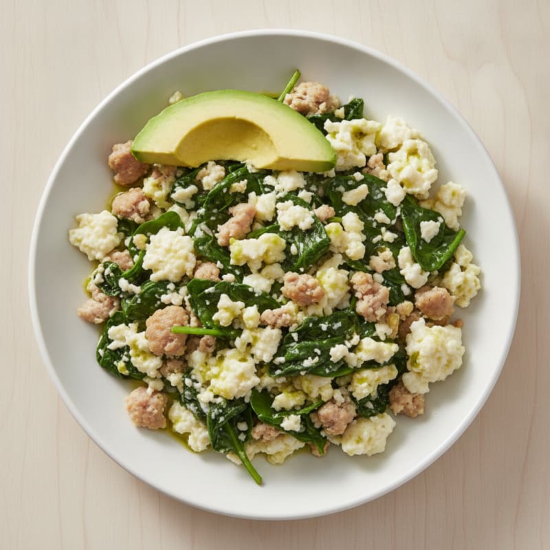 Egg White and Turkey Sausage Scramble with Sautéed Spinach