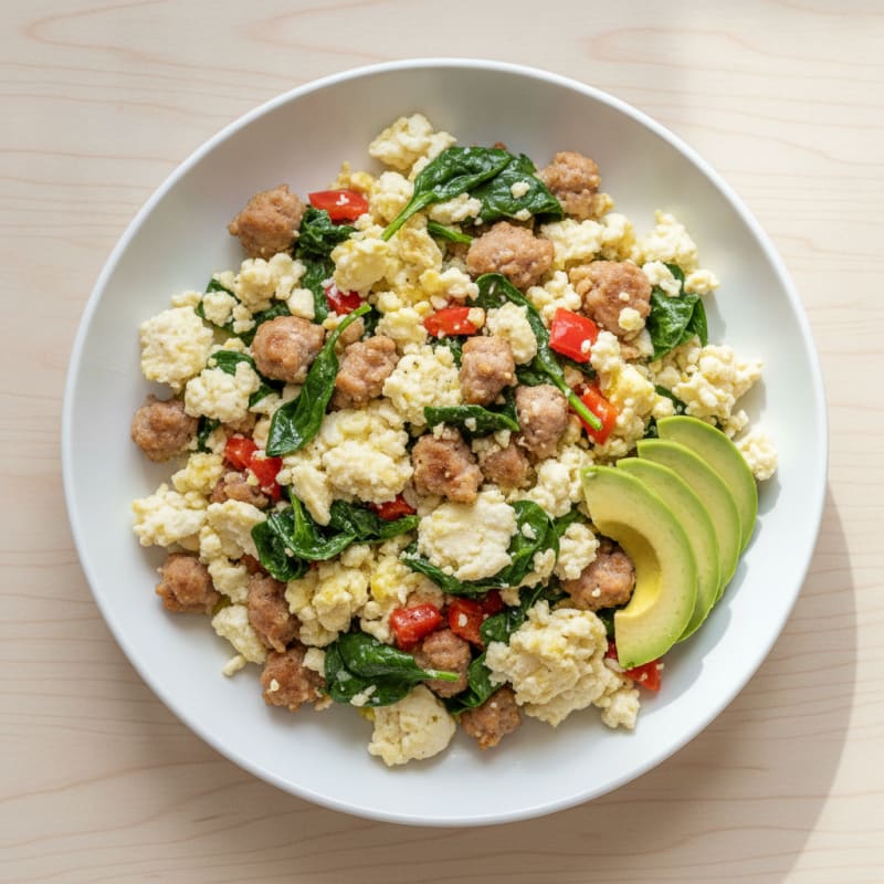 Egg White Spinach Scramble with Turkey Sausage