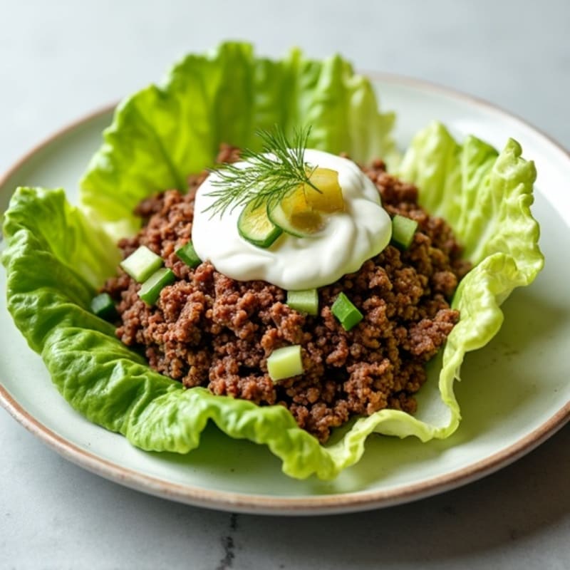 Lean Ground Beef and Crispy Lettuce Bowl with Creamy Dill Pickle Dressing
