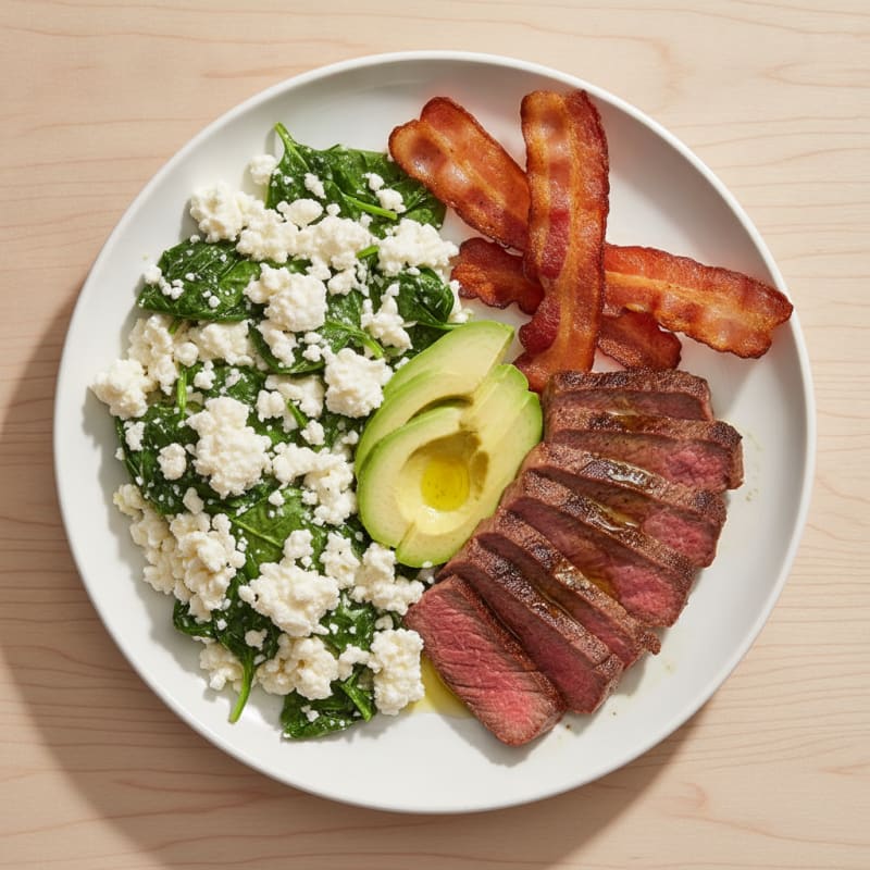 Egg White and Spinach Scramble with Cottage Cheese and Turkey Bacon