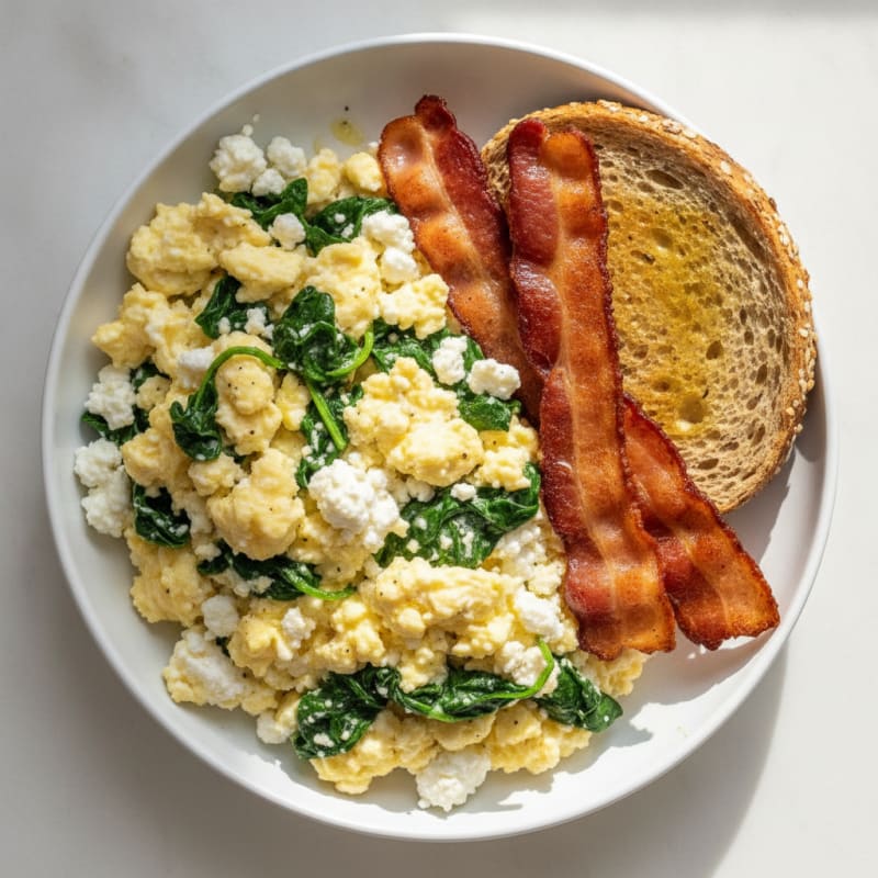 Cottage Cheese Scramble with Spinach and Turkey Bacon