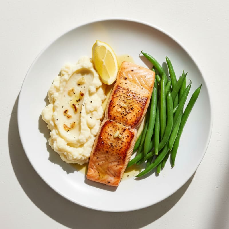 Seared Salmon with Steamed Green Beans and Garlic Mashed Cauliflower