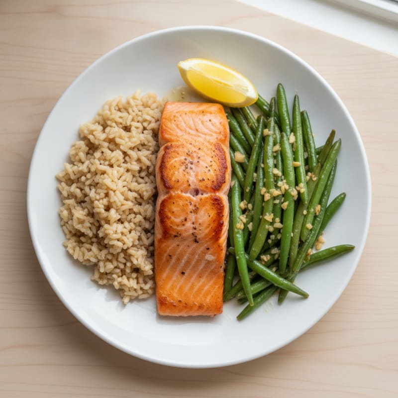 Seared Salmon with Garlic Green Beans and Brown Rice