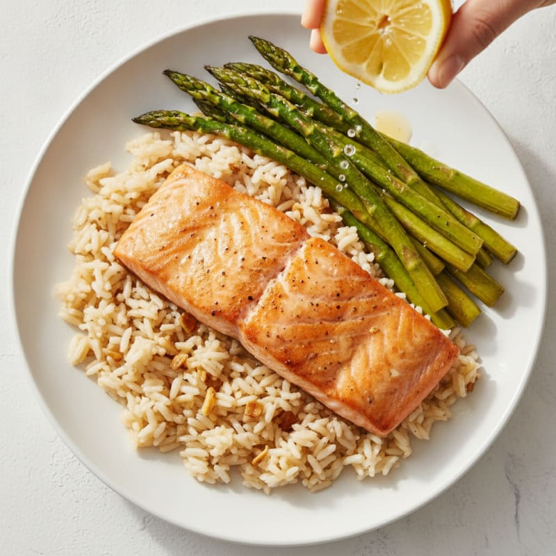 Seared Salmon with Garlic Rice and Roasted Asparagus