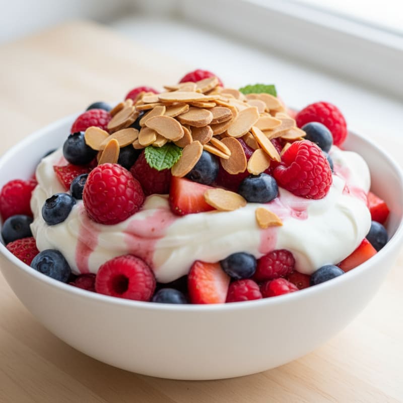 Greek Yogurt Protein Parfait with Mixed Berries and Almonds