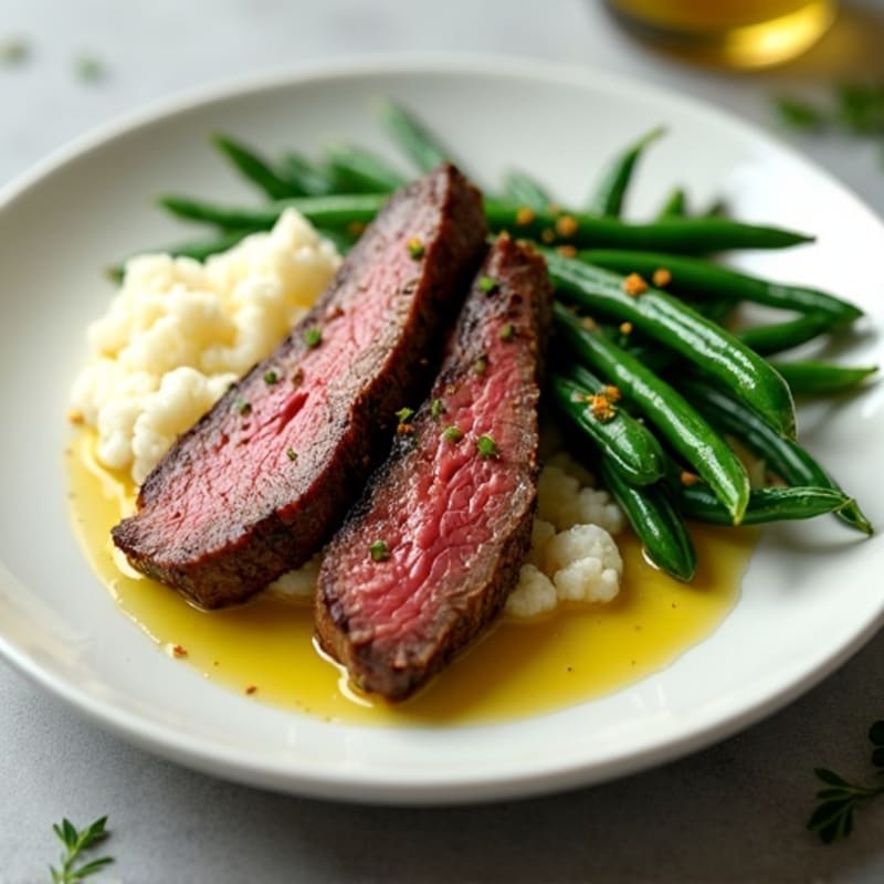 Seared Lean Beef Strips with Steamed Green Beans and Mashed Cauliflower