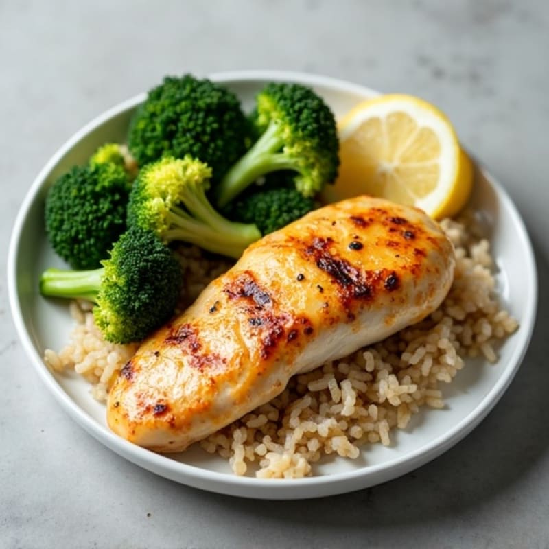 Seared Lemon-Garlic Chicken Breast with Steamed Broccoli and Brown Rice