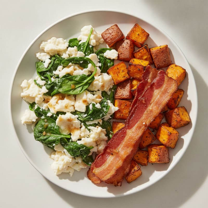 Crispy Turkey Bacon and Spinach Egg White Scramble with Roasted Sweet Potatoes