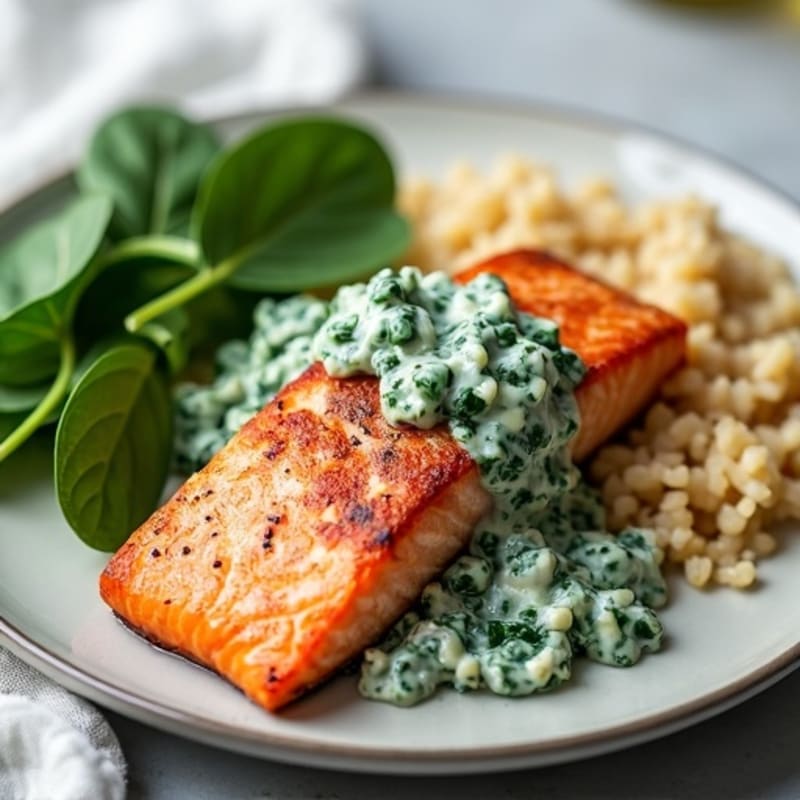 Seared Salmon Fillet with Creamy Spinach and Brown Rice
