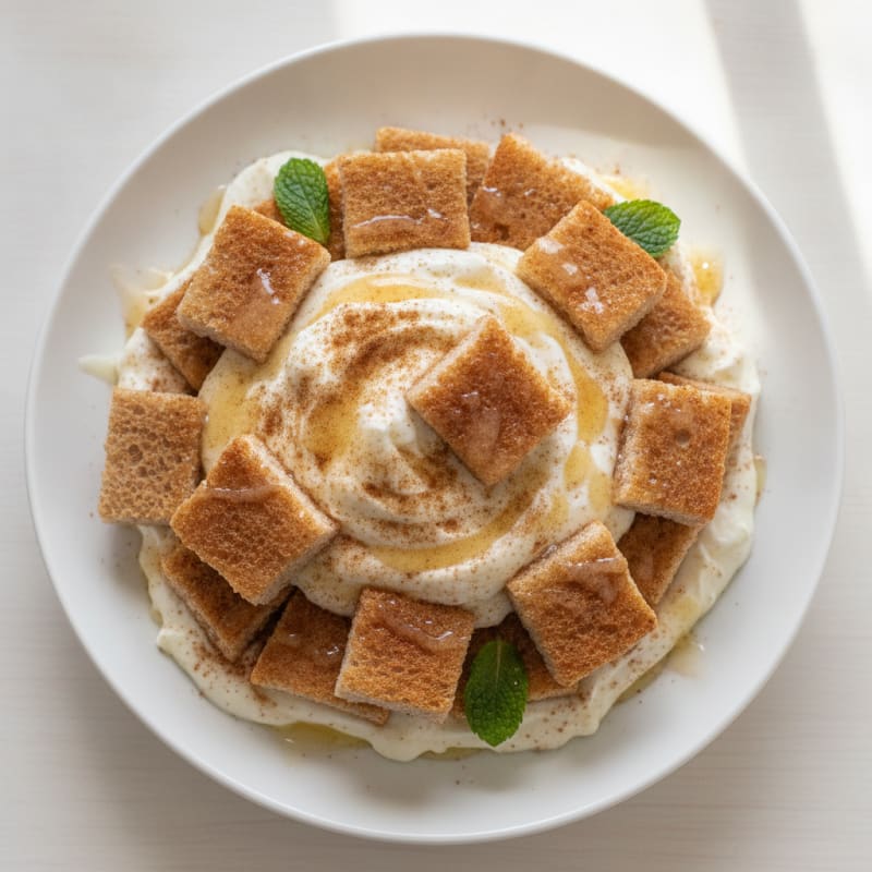 Vanilla Yogurt Protein Parfait with Toasted Bread Cubes