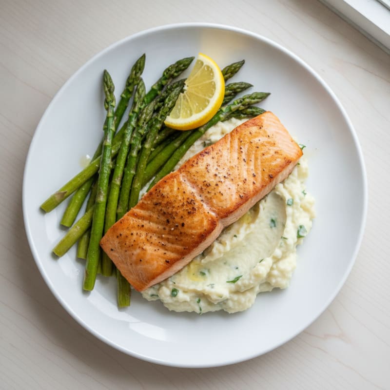 Seared Salmon with Roasted Asparagus and Cauliflower Mash