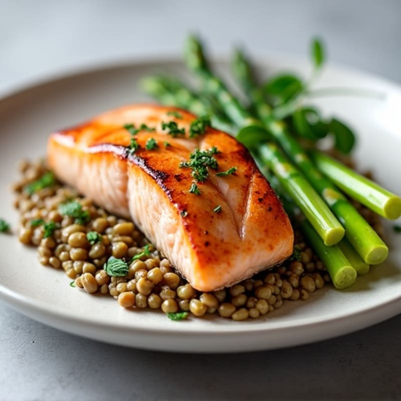 Seared Salmon Fillet with Steamed Asparagus and Lentil Mash