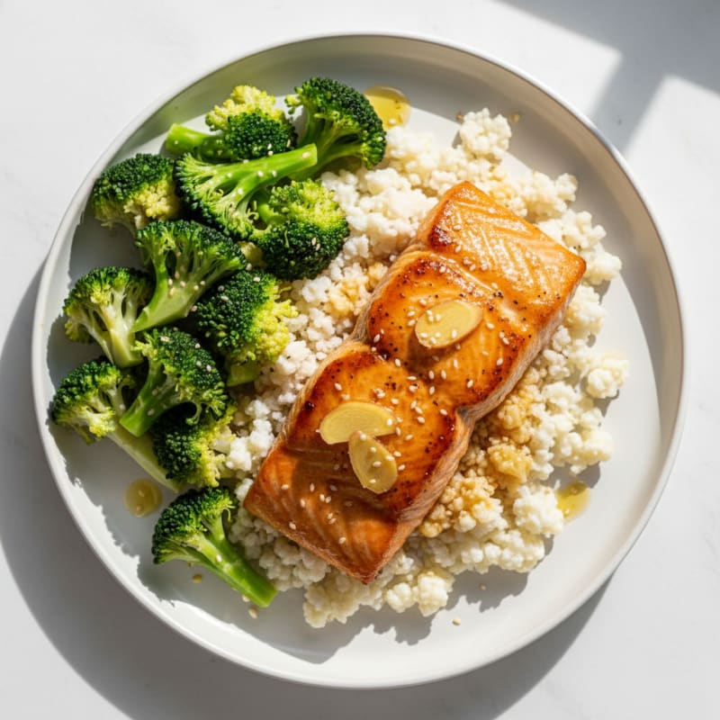 Ginger-Soy Seared Salmon with Steamed Broccoli and Cauliflower Rice