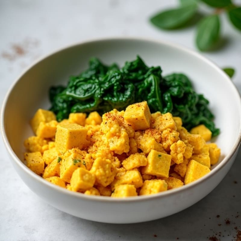 Fluffy Turmeric Tofu Scramble with Sautéed Spinach