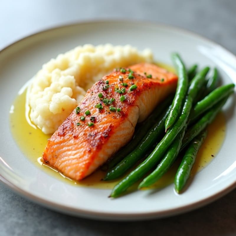 Seared Salmon Fillet with Garlic Green Beans and Cauliflower Mash