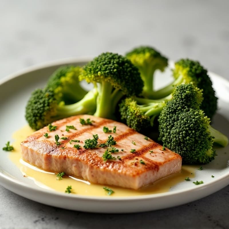 Pan-Seared Tuna Steak with Crispy Roasted Broccoli and Zesty Lemon Dressing