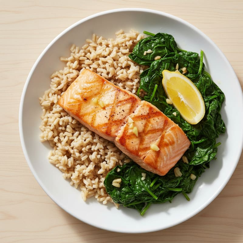 Seared Salmon with Garlic Spinach and Brown Rice