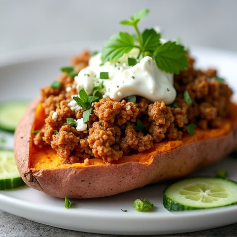 Greek-Style Loaded Sweet Potato with Ground Turkey