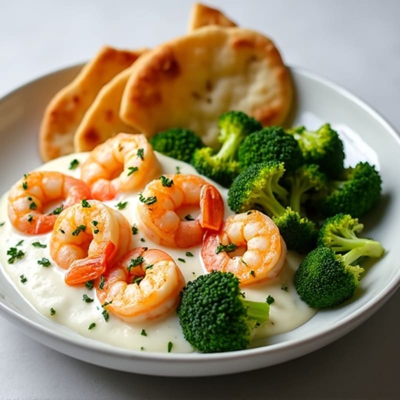 Creamy Garlic Shrimp with Roasted Broccoli and Crispy Whole Wheat Garlic Flatbread Strips