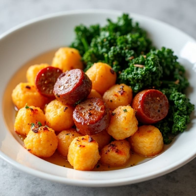 Crispy Sweet Potato Gnocchi with Chicken Sausage and Greens