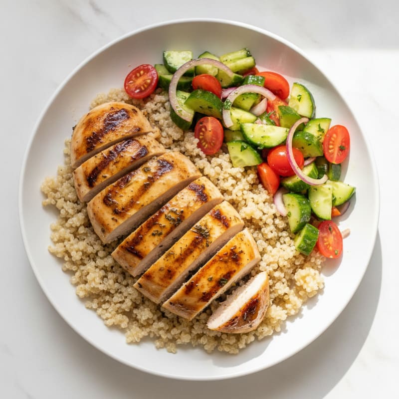 Grilled Chicken Breast with Quinoa and Crunchy Cucumber Tomato Salad