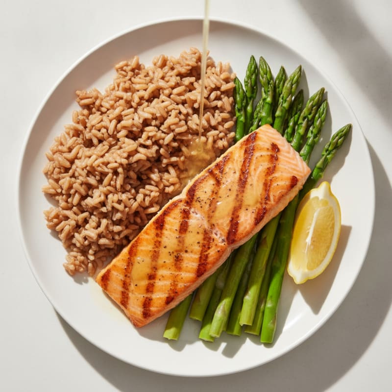 Grilled Salmon Filet with Steamed Asparagus and Brown Rice