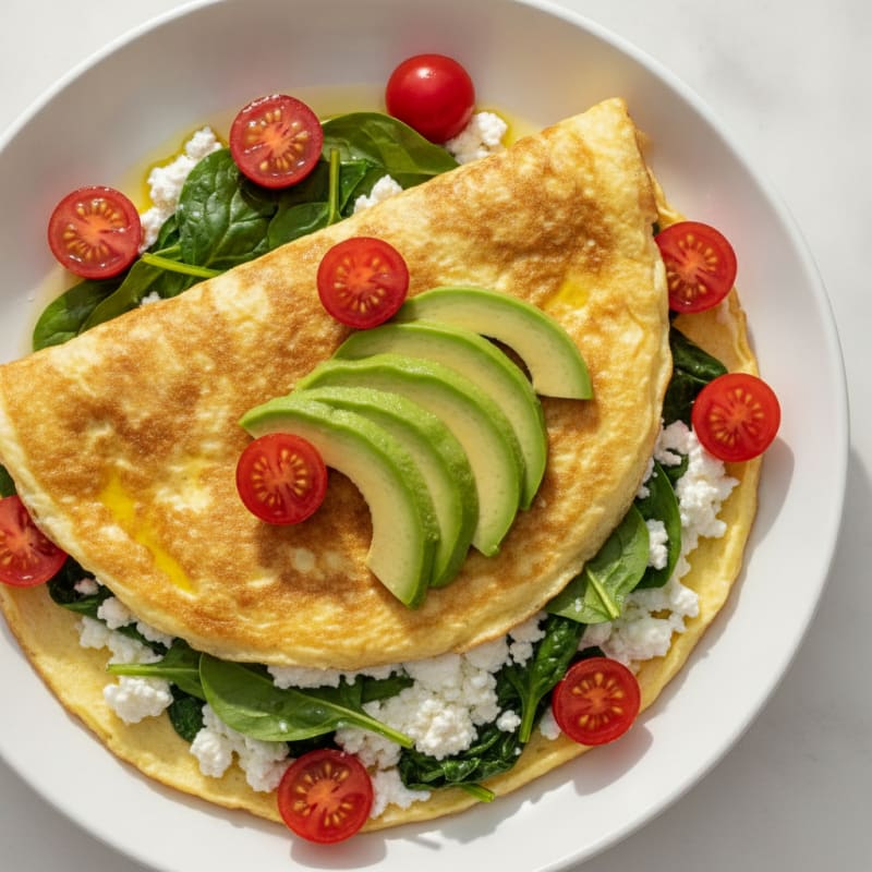 Egg White Spinach Omelette with Cottage Cheese and Cherry Tomatoes