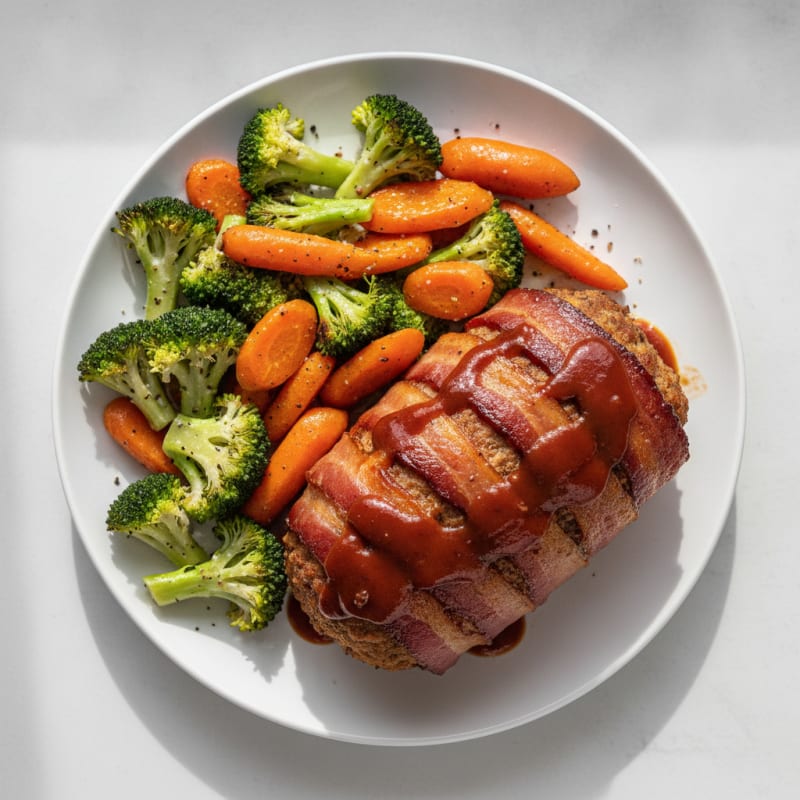BBQ Bacon-Wrapped Meatloaf with Roasted Vegetables