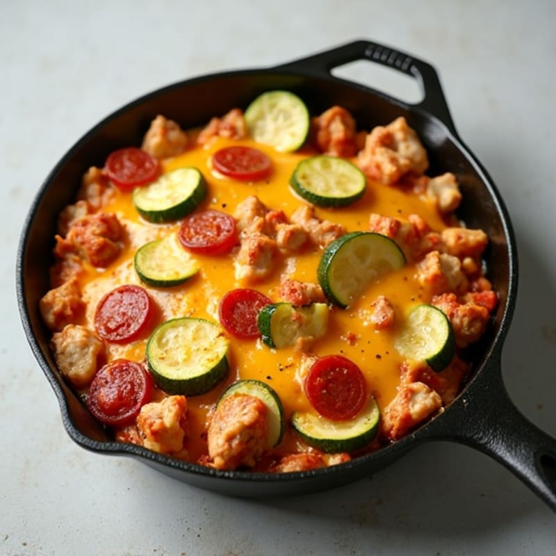 Cheesy Chicken and Turkey Pepperoni Skillet with Roasted Zucchini