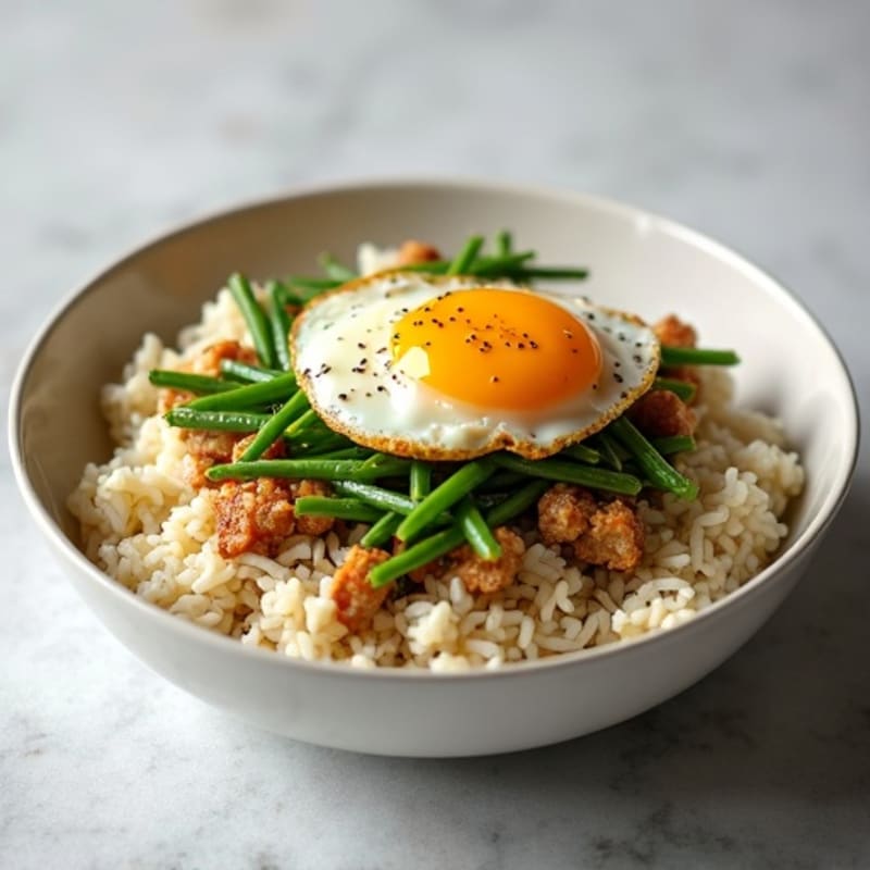 Flaked Tuna and Green Bean Rice Bowl with Crispy Fried Egg