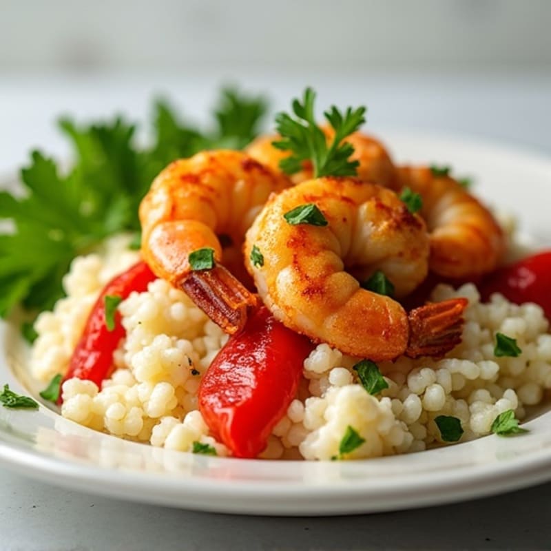 Crispy Chili-Lime Shrimp with Creamy Cilantro Cauliflower Rice and Roasted Bell Peppers