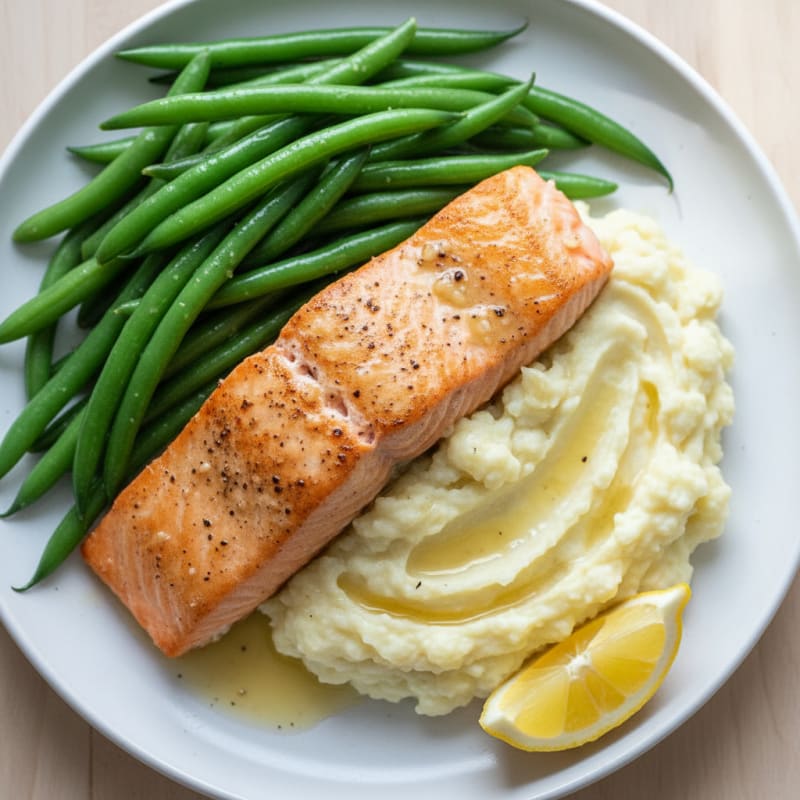 Seared Salmon with Steamed Green Beans and Garlic Mashed Cauliflower