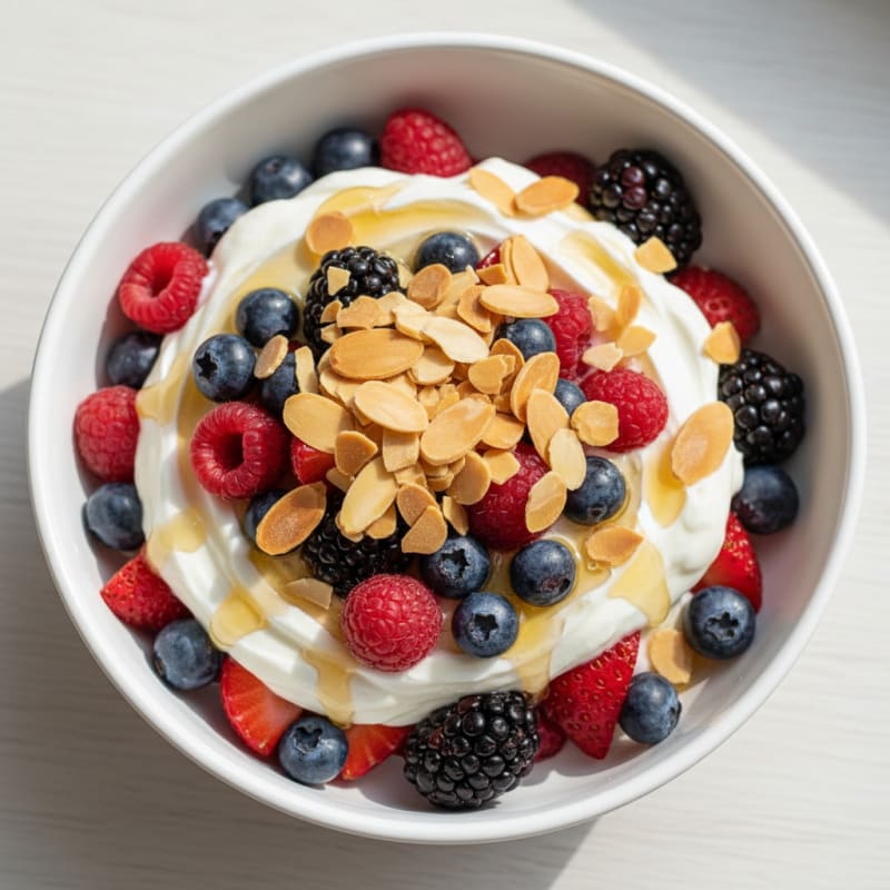 Greek Yogurt Protein Parfait with Mixed Berries and Almonds