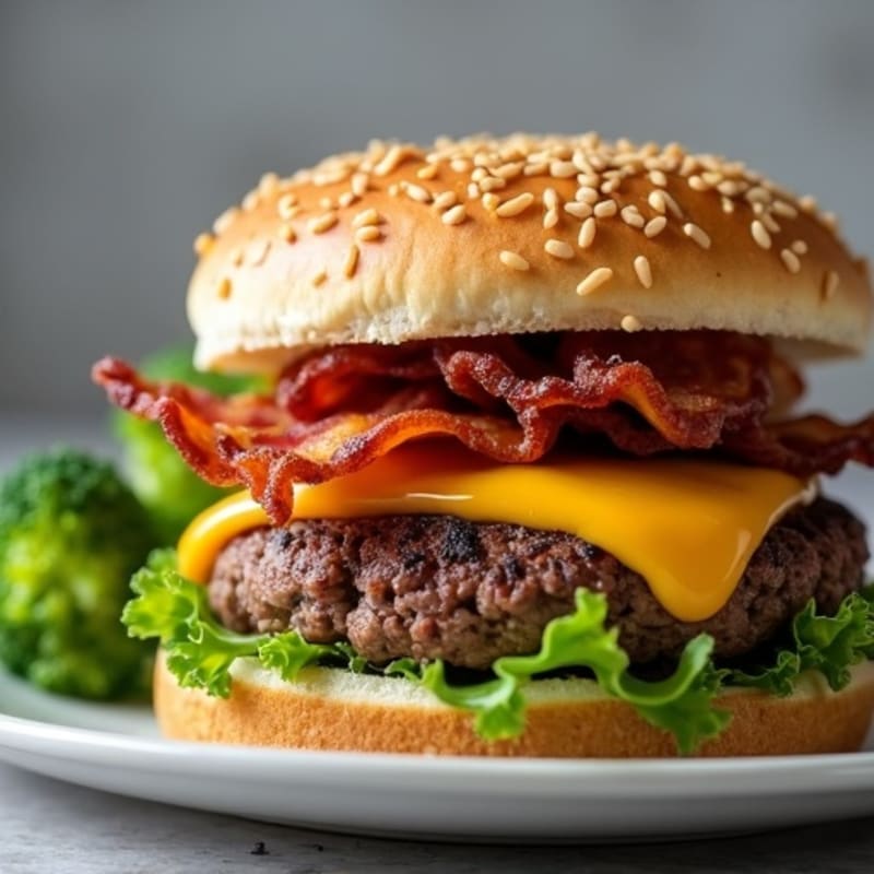 Juicy Lean Beef Burger with Crispy Bacon, Melted Cheddar, and Roasted Broccoli