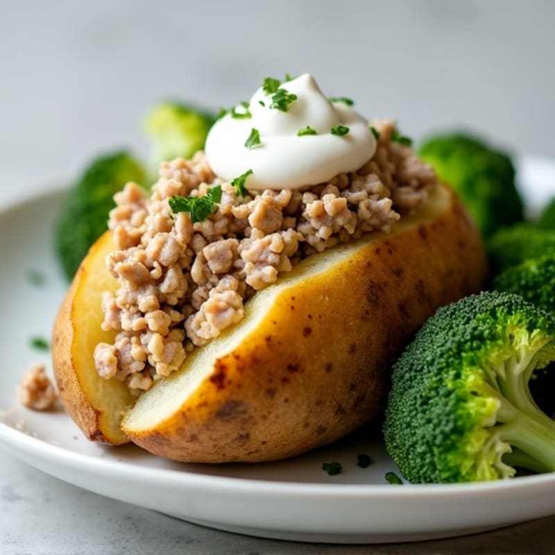 Fluffy Baked Potato with Lean Ground Turkey, Steamed Broccoli, and Creamy Greek Yogurt