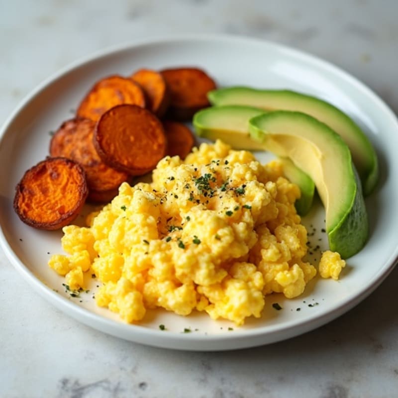 Scrambled Eggs with Avocado and Roasted Sweet Potato