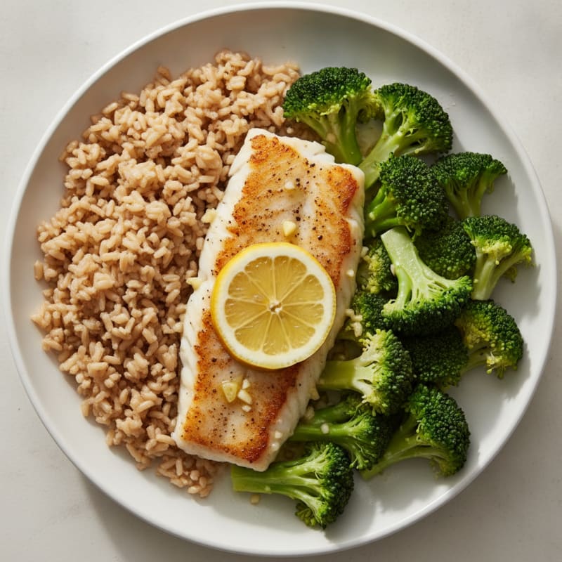 Pan Seared Fish with Steamed Broccoli and Brown Rice