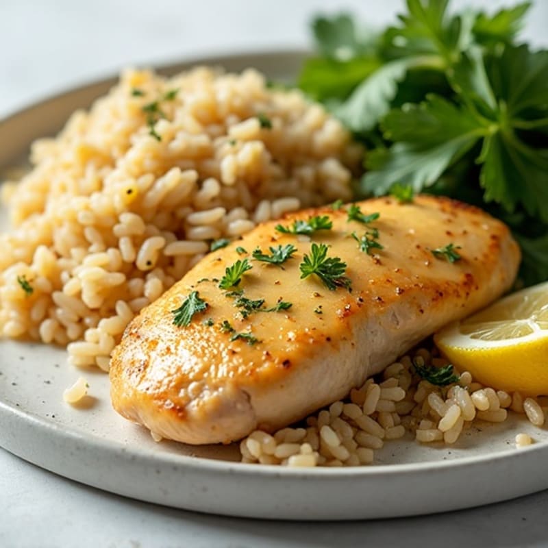 Pan-Seared Lemon Herb Chicken with Fluffy Rice Pilaf