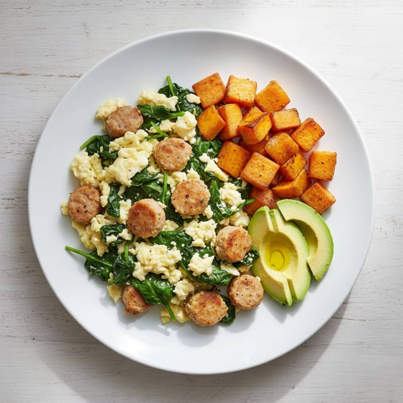 Egg White and Chicken Sausage Scramble with Sautéed Spinach and Sweet Potato