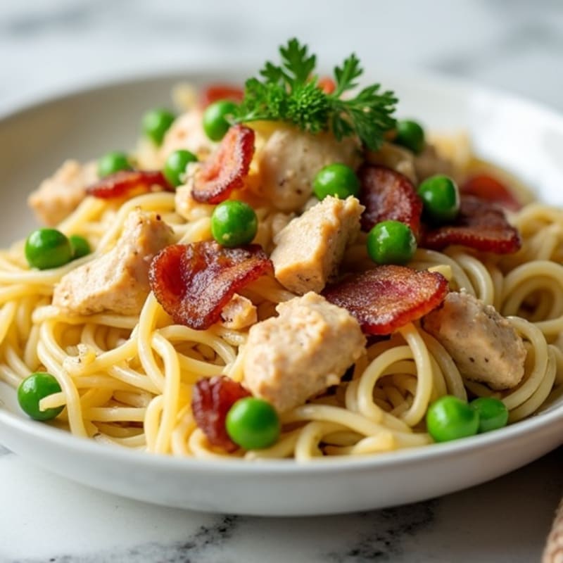 Creamy Garlic Chicken Pasta with Crispy Turkey Bacon and Peas