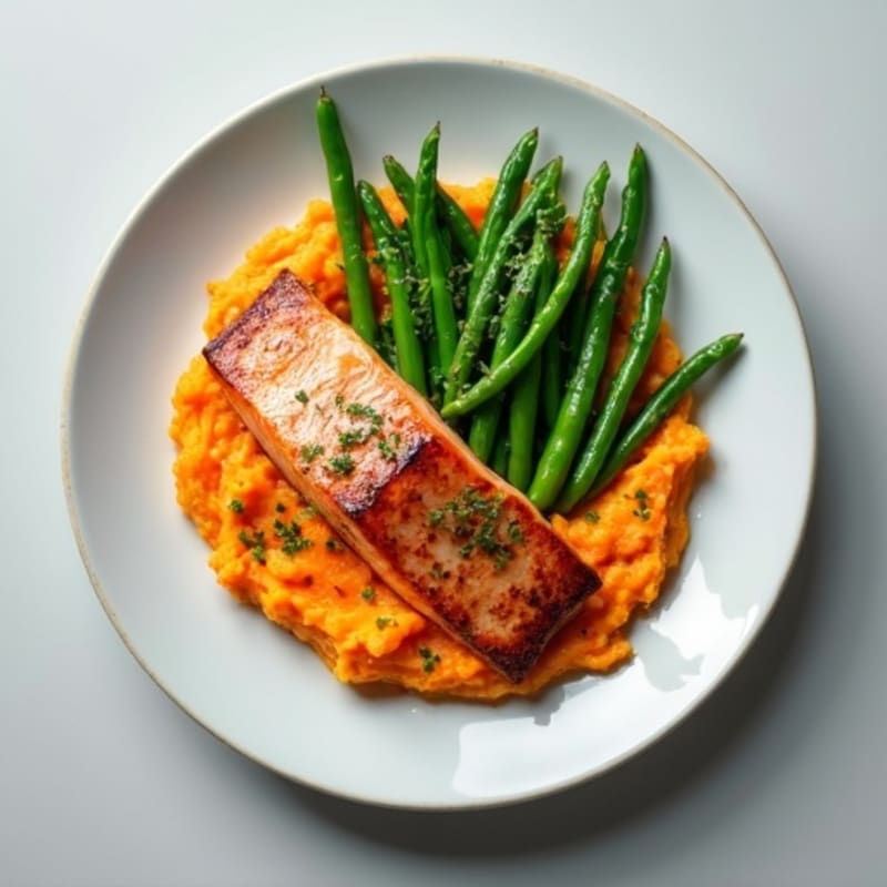Seared Salmon with Steamed Green Beans and Sweet Potato Mash